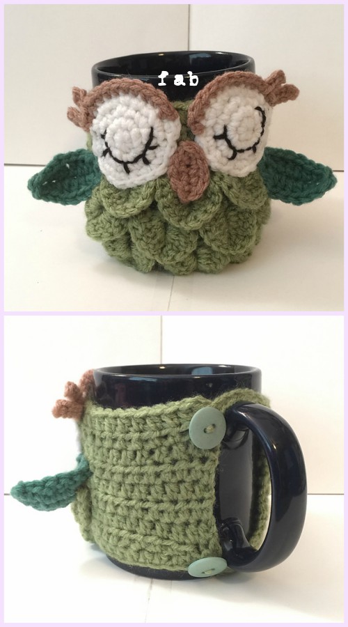 Crochet Crocodile Stitch Owl Free Patter Owl Coffee/Tea Mug Cozy Free Pattern
