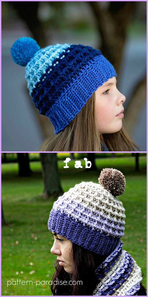 Crochet Waffle Stitch Beanies Hat Free Patterns with Video Tutorial