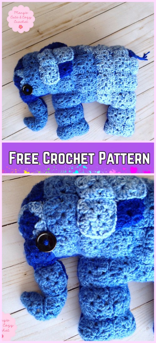 Crochet Elephant Plush Toy Amigurumi Free Patterns-Crochet Granny Square Elephant Amigurumi Free Pattern