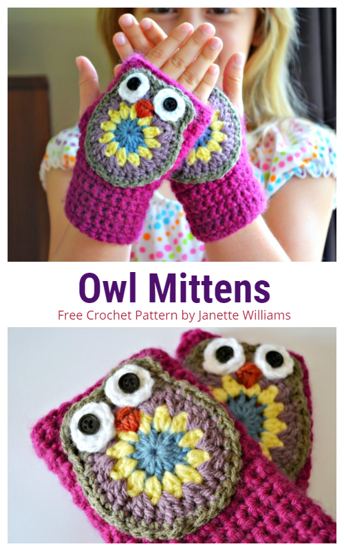 Crochet Kids Fingerless Owl Mittens Free Crochet Pattern
