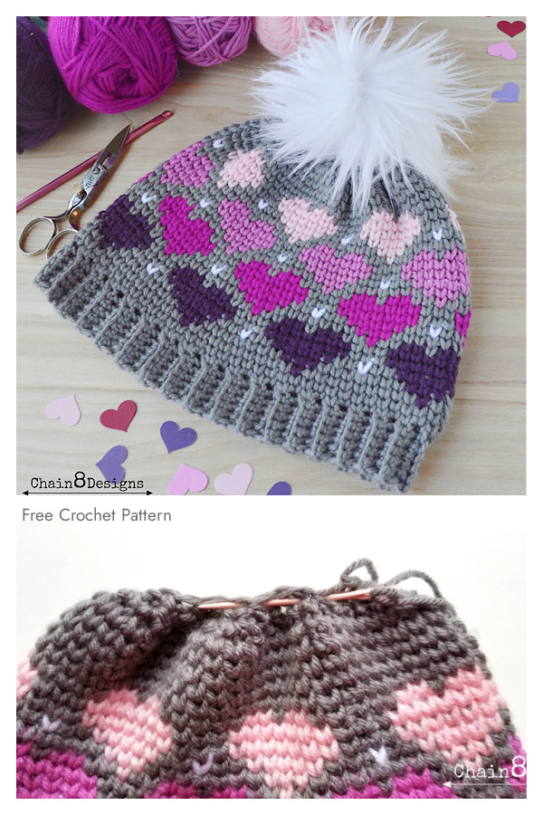 Twitterpated Heart Beanie Hat Free Crochet Pattern