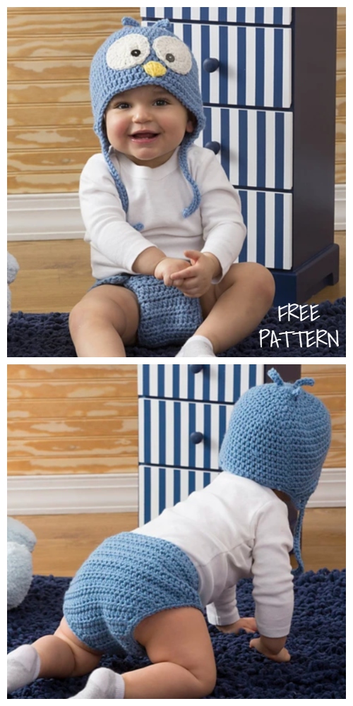 Spring Baby Cutie Blue Bird Hat & Diaper Cover Set Free Crochet Patterns