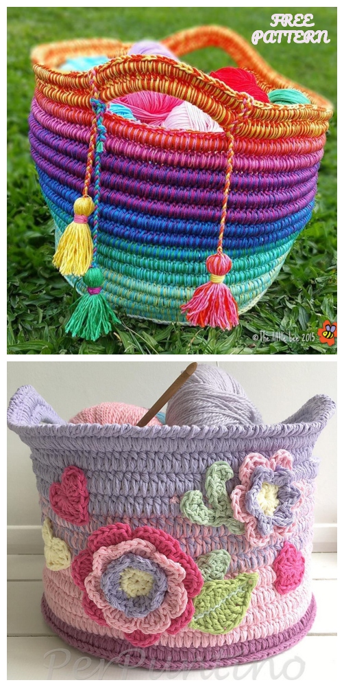 Ropey Rainbow Basket Free Crochet Patterns