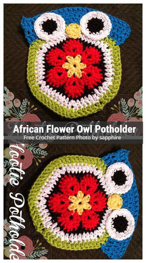 African Flower Owl Hot Pad Potholder Free Crochet Pattern