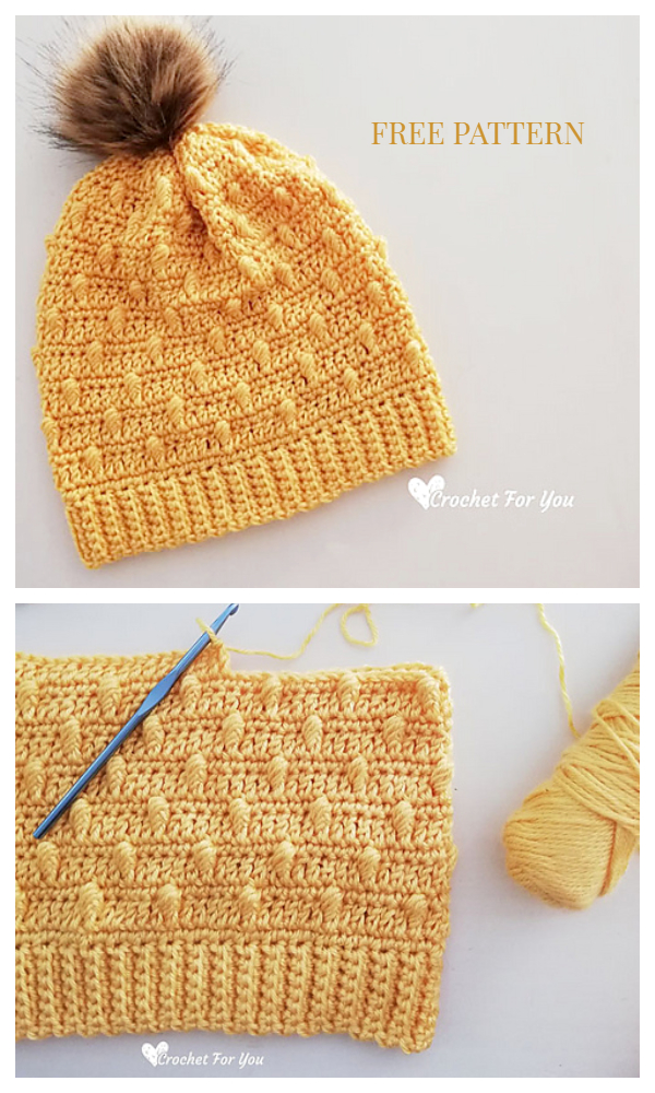 Bobble Drops Pompom Hat Free Crochet Patterns