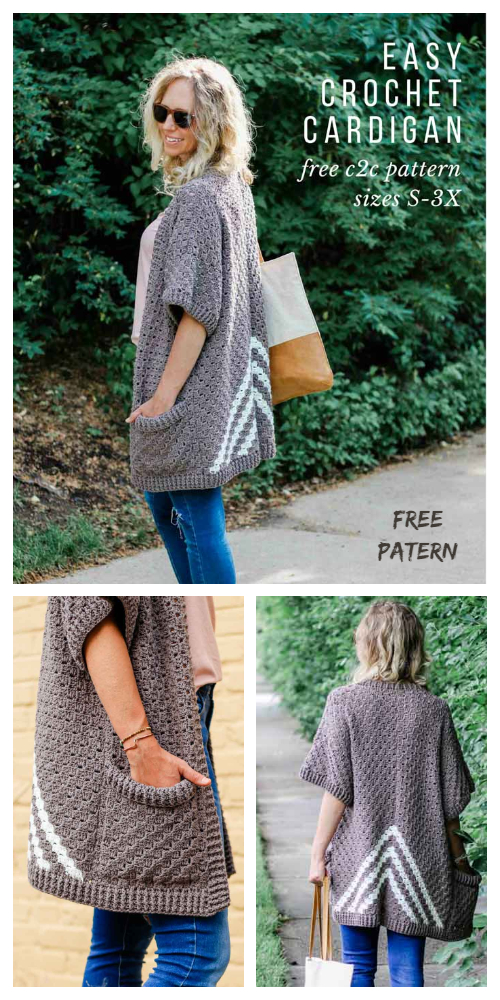 Women Fall C2C Kimono Sweater Cardigan Free Crochet Patterns