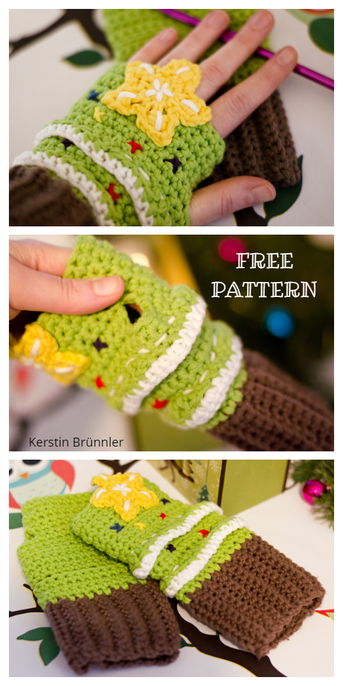 Christmas Tree Fingerless Mittens Free Crochet Patterns