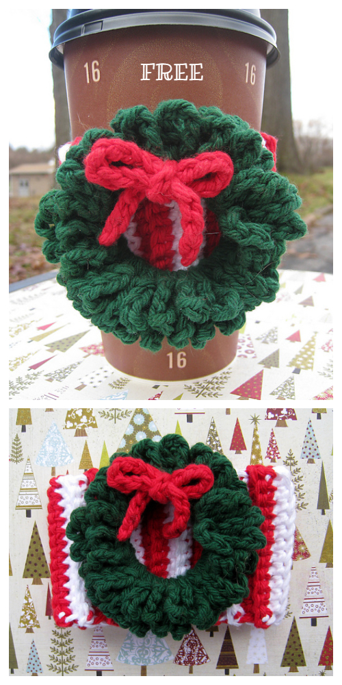 Christmas Wreath Coffee Mug Cozy Free Crochet Patterns