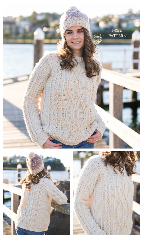 Meara Fisherman Cable Stitch Sweater Free Crochet Patterns